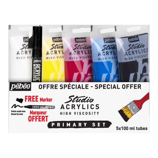 Pebeo Studio Acrylics Primaries Set of 5 + Free Acrylic Marker