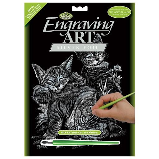 Engraving Art - Tabby Cat & Kittens (Silver)